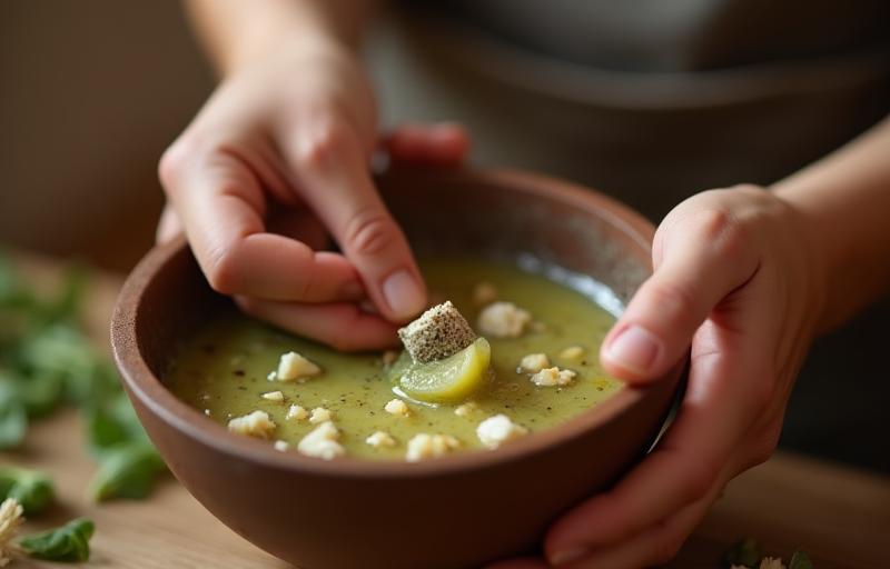 Close-up of skilled hands gently mixing a natural skincare formulation in a ceramic bowl, illustrating the handcrafted process.